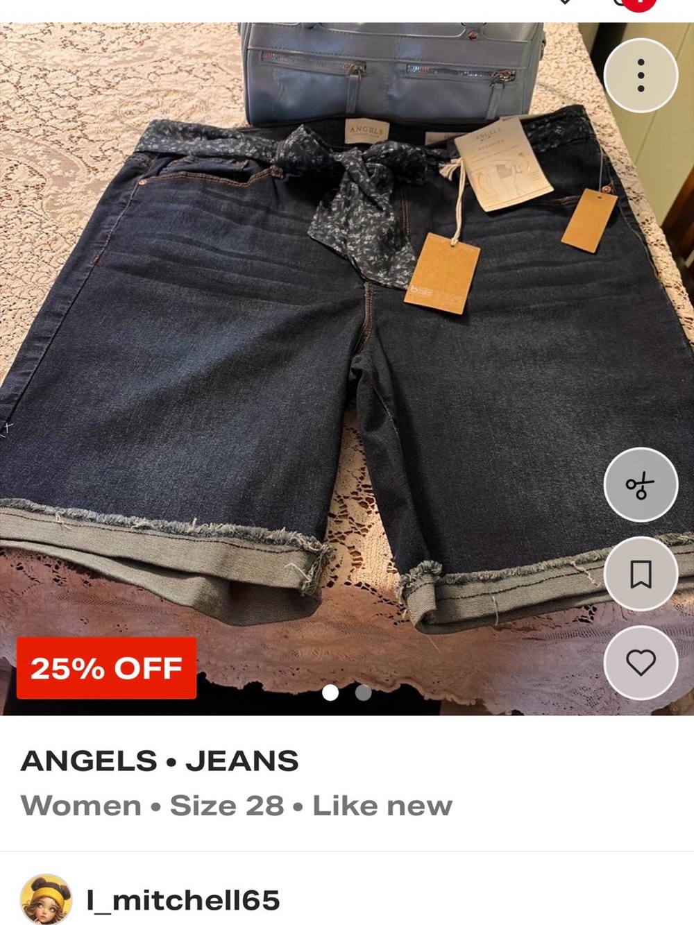 Angels Dark Indigo Denim Bermuda Shorts with Floral Waist Tie